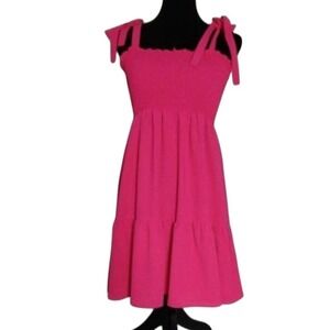 SHEIN Smocked Dress Tie Strap Tiered Mini Dress Hot Pink‎ Summer Size S